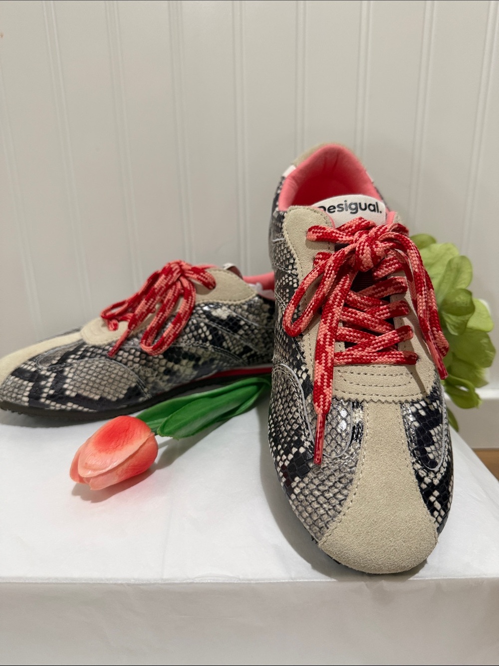 #971 DESIGUAL Beige and Black Snake-Print Sneakers with Pink & Red Laces